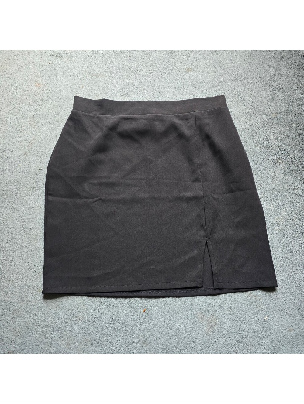 Haute Mode Black High Waisted Mini Skirt Front Slit Split Hem Elastic Stretch L